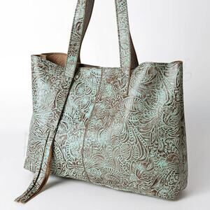 American Darling Hand-Tooled Leather Fringe Western Tote Bag Turquoise